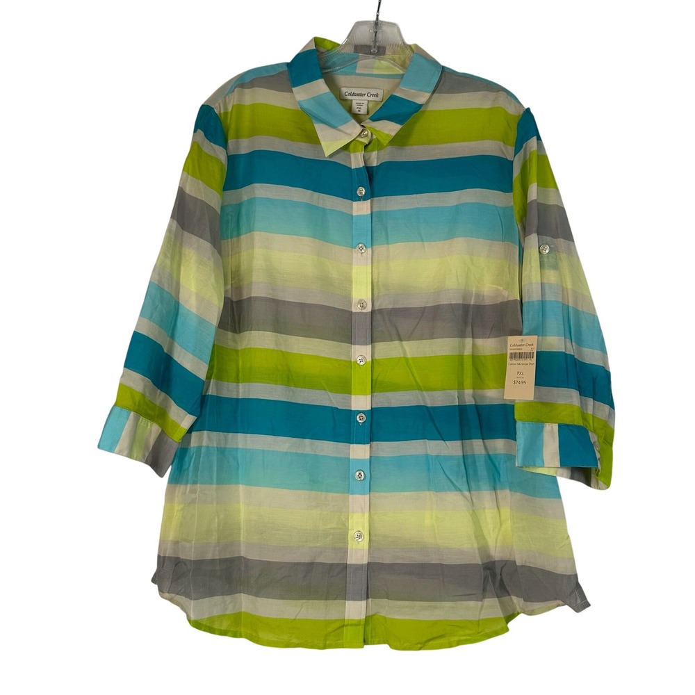 Coldwater Creek Cotton Silk Stripe Shirt Petite XL 16 Teal Green Roll Tab Sleeve